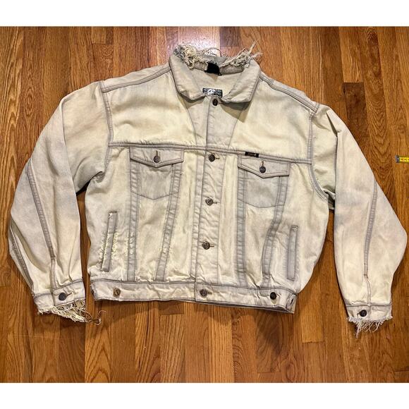 Vintage 90s Jinglers Fade Out Distressed Yellow Bleached Jean Denim Jacket XL - Picture 3 of 12